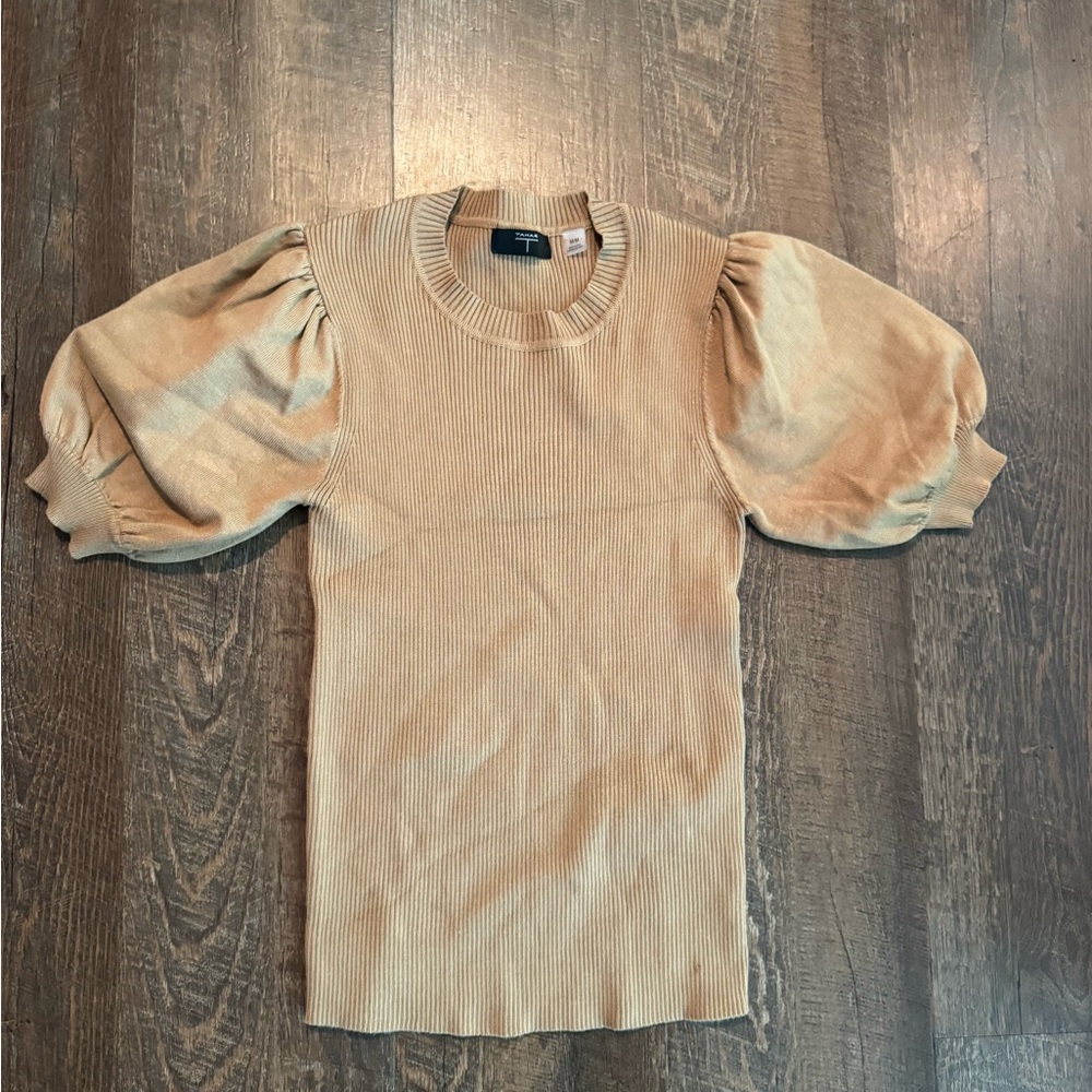 Tahari Puff Sleeve Ribbed Blouse - Beige